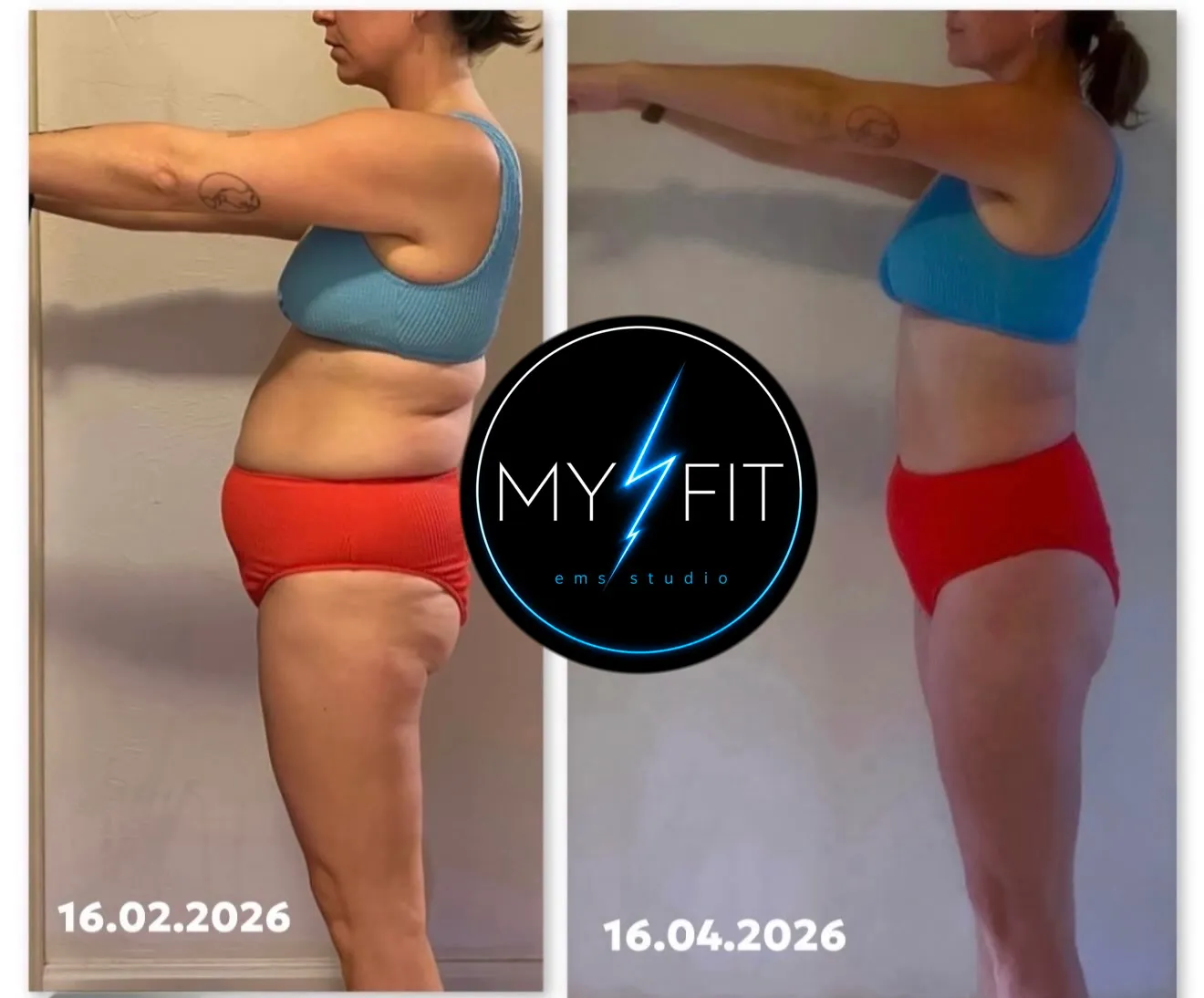 Клиентка MyFit: 16.02.2026 → 16.04.2026, два месяца тренировок
