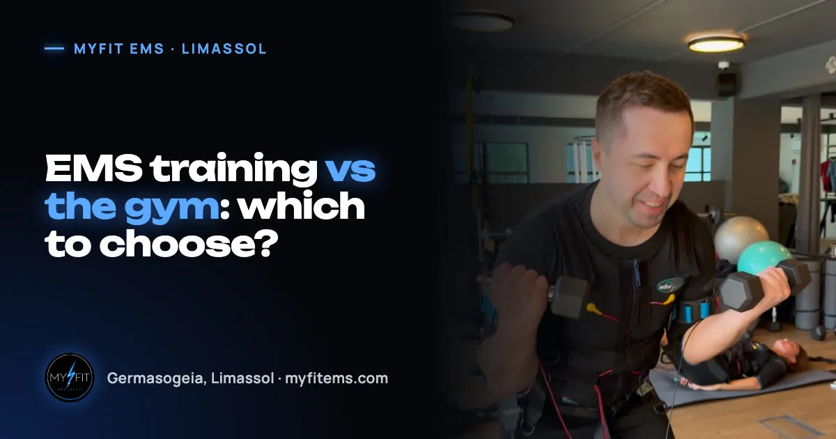 Client training arms with dumbbells in an EMS suit at MyFit EMS Studio — cover of the article EMS training vs the gym